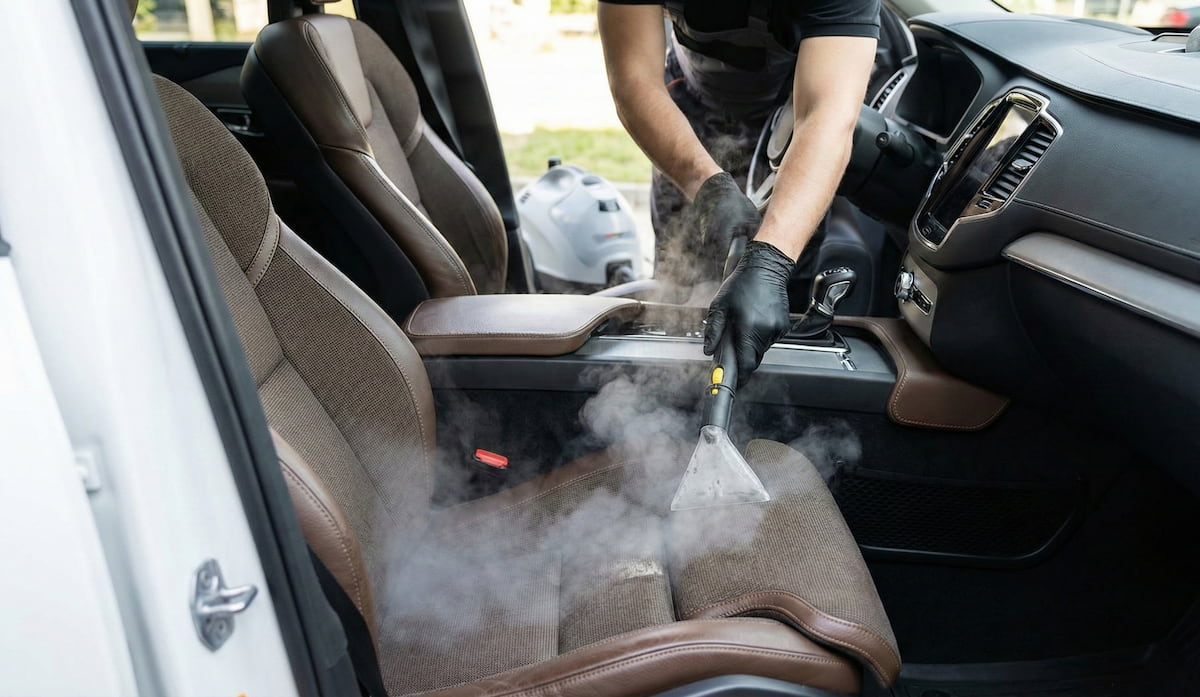 Steam cleaning car interior in West Sussex